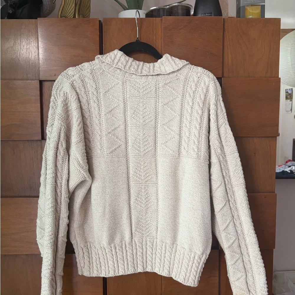 Vintage Cable Knit Cardigan Cream 100% Cotton Chunky Sweater Minimalist - Picture 2 of 7